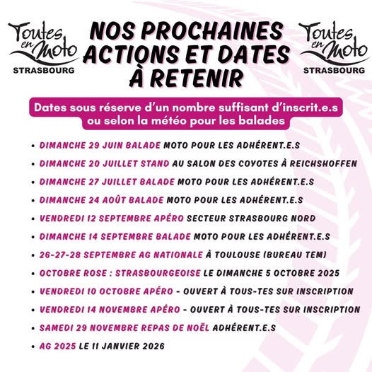 Calendrier des événement Toutes en Moto Strasbourg